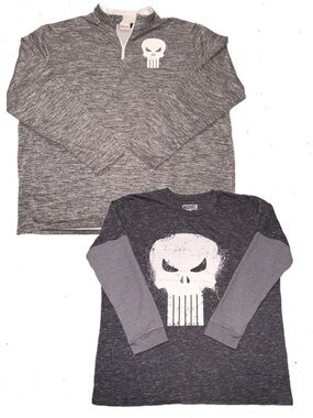 Punisher Lot of 2 Marvel Black & Gray Graphic Tee XL & 1/4 Zip Sweater XXL Set